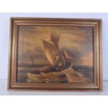 A framed 19th Century oil on canvas depicting a small sailing boat at sea signed Taylor . 29 x 39 cm