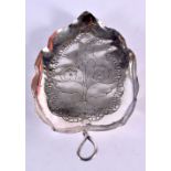 A 1930S WHITE METAL LEAF SHAPED DISH. 131 grams. 18.5 cm x 12 cm.