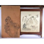 A 19TH CENTURY CHINESE SILKWORK EMBROIDERED PANEL together with a watercolour of monkeys. Largest 75