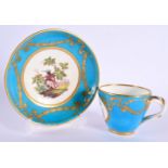 Mid 19th century Minton cup and saucer painted with birds in landscape surrounded by a turquoise and