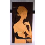 A STYLISH EUROPEAN MID CENTURY LACQUERED WOOD PANEL OF A FEMALE modelled holding a pearl necklace. 1