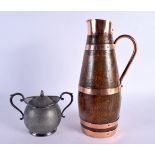 AN EGYPTIAN REVIVAL TWIN HANDLED SILVER PLATED SUCRIER AND COVER together with an Edwardian oak jug.