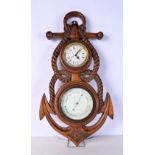 An unusual Victorian Maritime carved wood Barometer clock 54 x 28 cm .