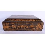 A MID 19TH CENTURY CHINESE EXPORT PAINTED BLACK LACQUER BOX AND COVER containing gaming boxes, cards