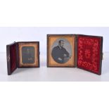 Two antique leather picture frame cases with early 20th Century photographs 9 x 8 cm (2).