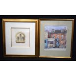 A framed print of the Natural History museum signed Adras Kaldor together with another framed waterc