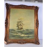 Framed oil on canvas oleograph of a ship at sea signed H Clause 59 x 49 cm