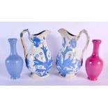 A PAIR OF ENGLISH POTTERY JUG together with two Chinese vases. Largest 25 cm high. (4)