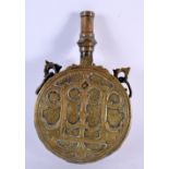 AN 18TH/19TH CENTURY TURKISH OTTOMAN BRASS POWDER FLASK decorated with motifs. 18 cm x 11 cm.