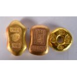 THREE CHINESE YELLOW METAL INGOTS. 349 grams. Largest 5.5 cm x 3.5 cm. (3)