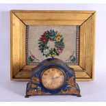 AN EDWARDIAN COUNTRY HOUSE BLUE LACQUER MANTEL CLOCK together with a Victorian bead work. Largest 38