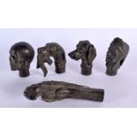 FIVE CONTEMPORARY BRONZE WALKING CANE HANDLES. Largest 13 cm long. (5)