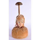 A RARE 1930S CONTINENTAL NOVELTY HAT PIN CUSHION formed with a portrait of a female. 24 cm x 8 cm.