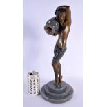 A LOVELY LARGE ART DECO BRONZE AND AGATE FIGURAL LAMP OF A FEMALE modelled holding an over turned am