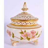 Graingers Worcester three footed reticulated pot pourri bowl & cover painted with wild roses on an i