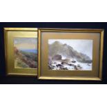 A framed watercolour of a coastal scene together with a framed oil on board of a coastal scene 36 x