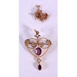 A 9CT GOLD AMETHYST AND SEED PEARL NECKLACE. 3.6 grams. Pendant 4.5 cm x 2.5 cm.