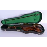 A CASED TWO PIECE BACK VIOLIN WITH BOW bearing label to interior Michael Harlong 1723, the bow signe