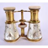 A RARE PAIR OF AESTHETIC MOVEMENT MOTHER OF PEARL OPERA GLASSES engraved with motifs. 9 cm x 9 cm ex