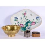 A LATE 19TH CENTURY CHINESE FAMILLE ROSE LOBED PEDESTAL DISH together with a brass bowl, Japanese bo