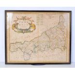 A Framed antique map of Cornwall by Robert Norden.36 x 45 cm.