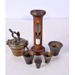 A SET OF GEORGE III BRONZE CASED NOVELTY WEIGHTS together with a treen sand timer. Largest 13 cm hig