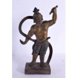 A 19TH CENTURY JAPANESE MEIJI PERIOD COLD PAINTED BRONZE FIGURE OF A WARRIOR modelled holding a dagg
