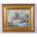 An oil on board of a frozen lake scene, possibly Dutch by Hermann R. Homer. 22 x 28cm.