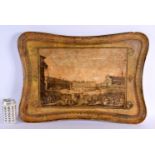 A LARGE ANTIQUE COUNTRY HOUSE LACQUERED TRAY inset with an engraving. 62 cm x 42 cm.