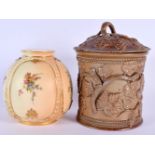 A CHARMING 19TH CENTURY STONEWARE PRESERVE JAR AND COVER together with blush ivory Worcester vase. L