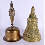AN 18TH CENTURY EUROPEAN BRONZE BELL together with an Indian bronze bell. Largest 20 cm high. (2)