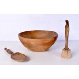 An early wooden butter bowl with 2 implements 12 x 26 cm