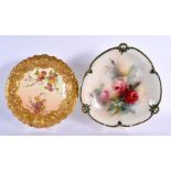Royal Worcester rare plate with wide moulded heavily gilt border painted with flowers on a blue grou