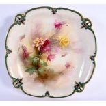 Hadley Worcester dish with moulded pierced rim painted with flowers under green coloured clays, Hadl