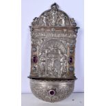 AN ANTIQUE CONTINENTAL JEWELLED SILVER FONT. 133 grams. 21 cm x 10 cm.