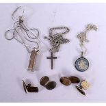 A STERLING SILVER CRUCIFIX AND CHAIN TOGETHER WITH TWO OTHER PENDANT NECKLACES AND TWO PAIRS OF CUFF