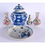 A MINIATURE 17TH/18TH CENTURY CHINESE BLUE AND WHITE VASE together with a saucer, pair of vases etc.