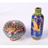 A CLOISONNE ENAMEL BOX AND COVER together with a snuff bottle. Largest 5.5 cm x 2 cm. (2)