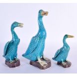THREE EARLY 20TH CENTURY CHINESE BLUE GLAZED PORCELAIN DUCKS Late Qing/Republic. Largest 21 cm high.