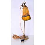 An antique French brass desk lamp with a Degue glass shade 54 cm