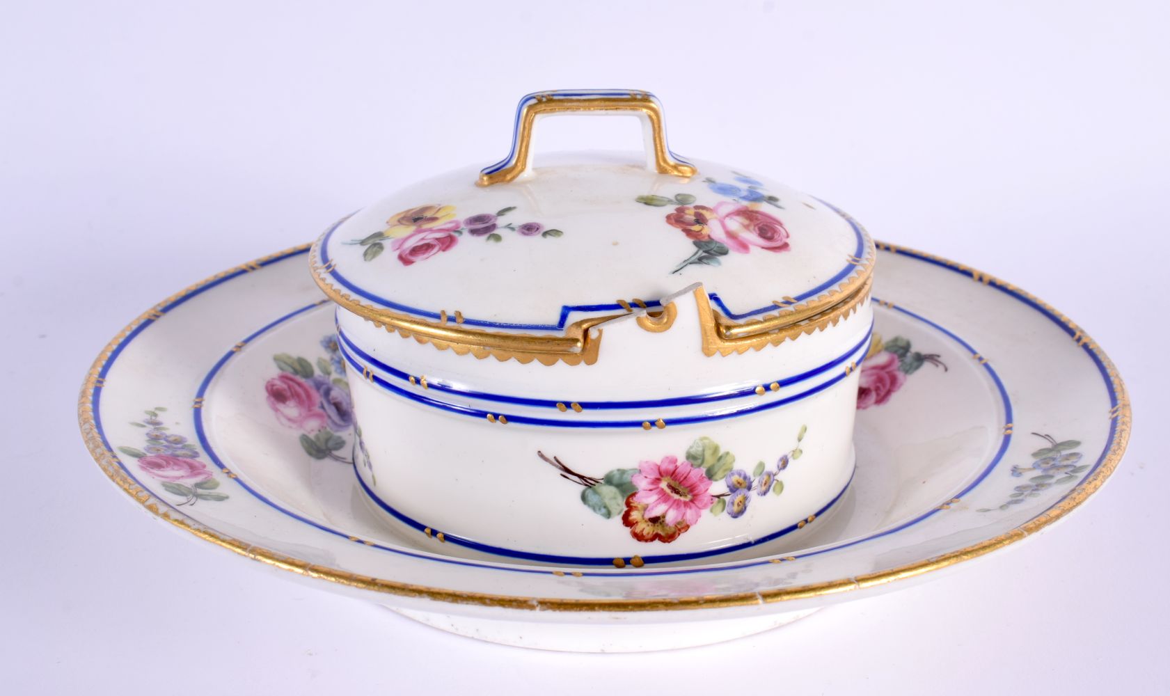 Sevres butter tub with fixed stand and cover painted with flowers under blue lines, crossed L’s and
