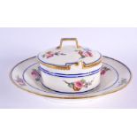Sevres butter tub with fixed stand and cover painted with flowers under blue lines, crossed L’s and