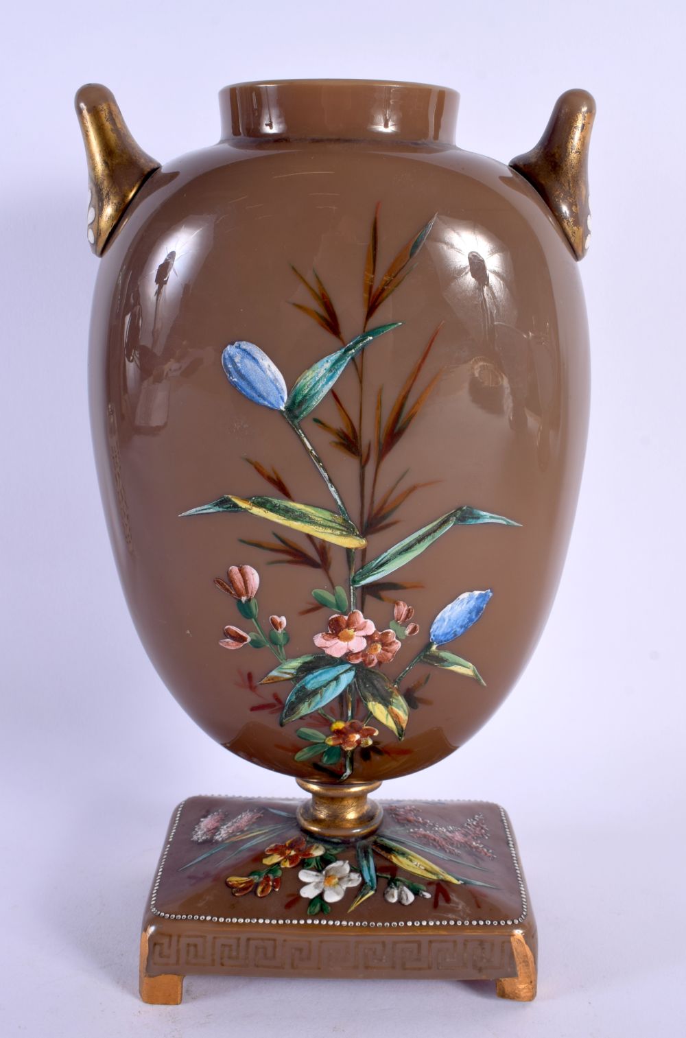 A LARGE AESTHETIC MOVEMENT ENAMELLED TWIN HANDLED GLASS VASE decorated with birds and flowers. 27 cm - Bild 4 aus 6