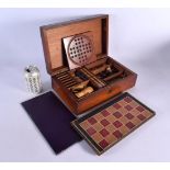 A LOVELY EDWARDIAN MAHOGANY CASED GAMES COMPENDIUM containing chess, marbles, lead horses etc. 34 cm