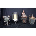 An unusual metal and glass garden light together with two wall lights and a ceiling lantern. 55 cm (