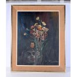 An Italian School framed mixed media and oil on canvas depicting a female holding a bouquet signed