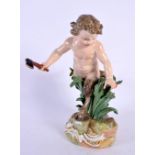 A 19TH CENTURY MEISSEN PORCELAIN FIGURE OF A BOY modelled holding an axe. 16 cm x 10 cm.