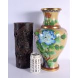 A LARGE CHINESE REPUBLICAN PERIOD CLOISONNE ENAMEL VASE together with a bamboo brush pot. Largest 38