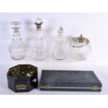 THREE ANTIQUE DECANTERS together with marbles. Largest 30 cm high. (qty)