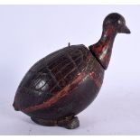 AN UNUSUAL 19TH CENTURY INDIAN PAINTED COCONUT FLASK formed as a bird. 14 cm x 9 cm.